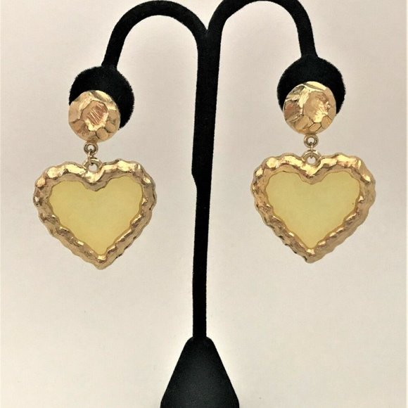 Vintage Yellow Clear Acrylic & Gold Plated Heart Dangling Clip On Earrings - Picture 1 of 5